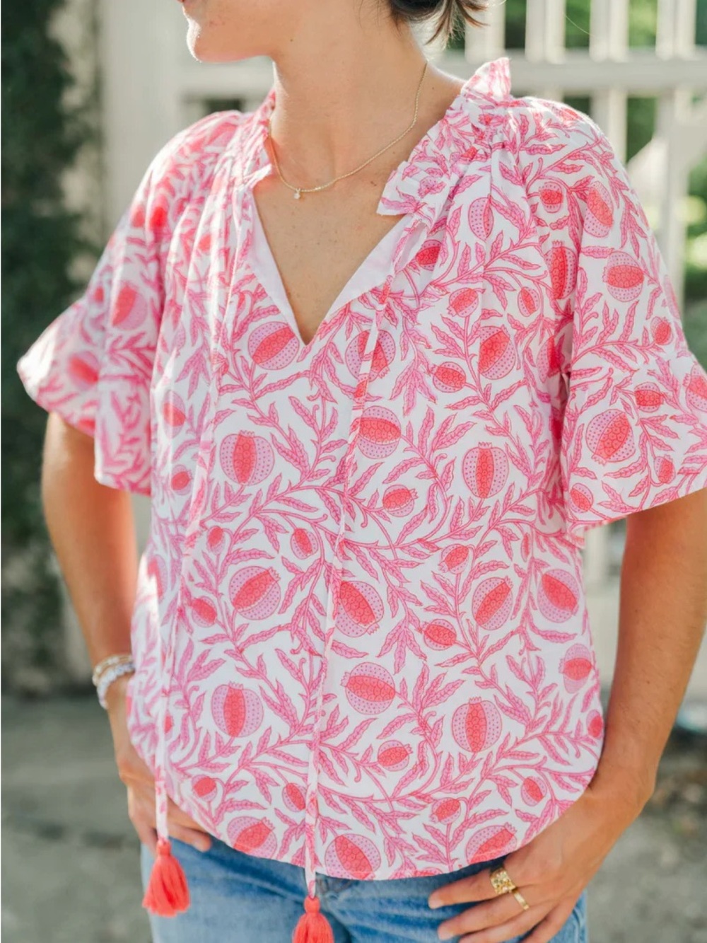 Victoria Dunn SZ XS Bristol Blouse In Paradise Pink Pomegranate Print Vneck